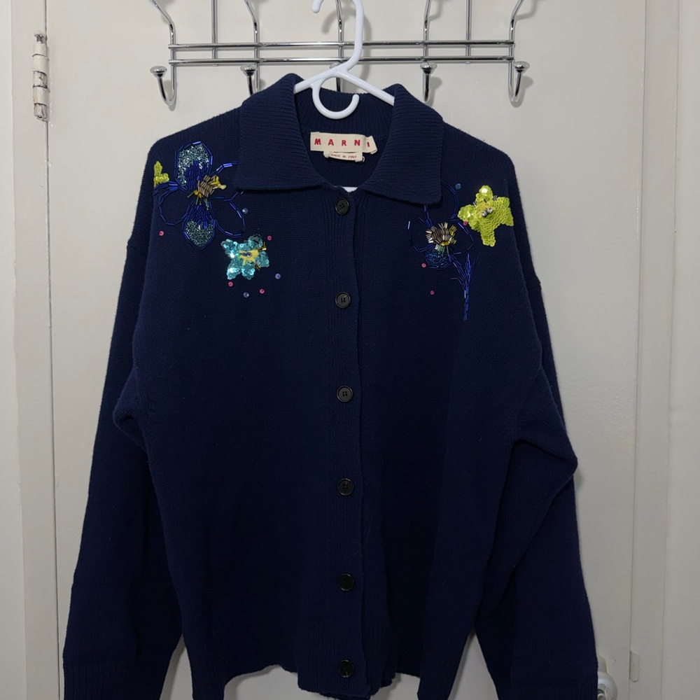 Marni 100% Wool Navy Beaded Sweater Cardigan - Picture 2 of 8